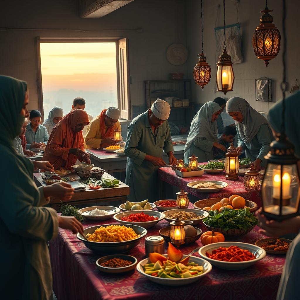 A scene depicting workers preparing for iftar dinner, bustling in a lively kitchen setting