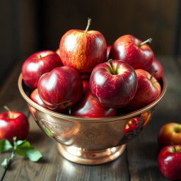 A beautifully crafted copper fruit bowl filled to the brim with shiny, ripe red apples