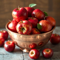 A beautifully crafted copper fruit bowl filled to the brim with shiny, ripe red apples