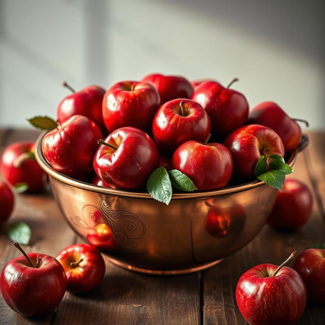 A beautifully crafted copper fruit bowl filled to the brim with shiny, ripe red apples