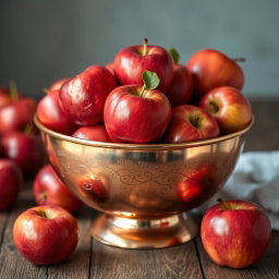 A beautifully crafted copper fruit bowl filled to the brim with shiny, ripe red apples