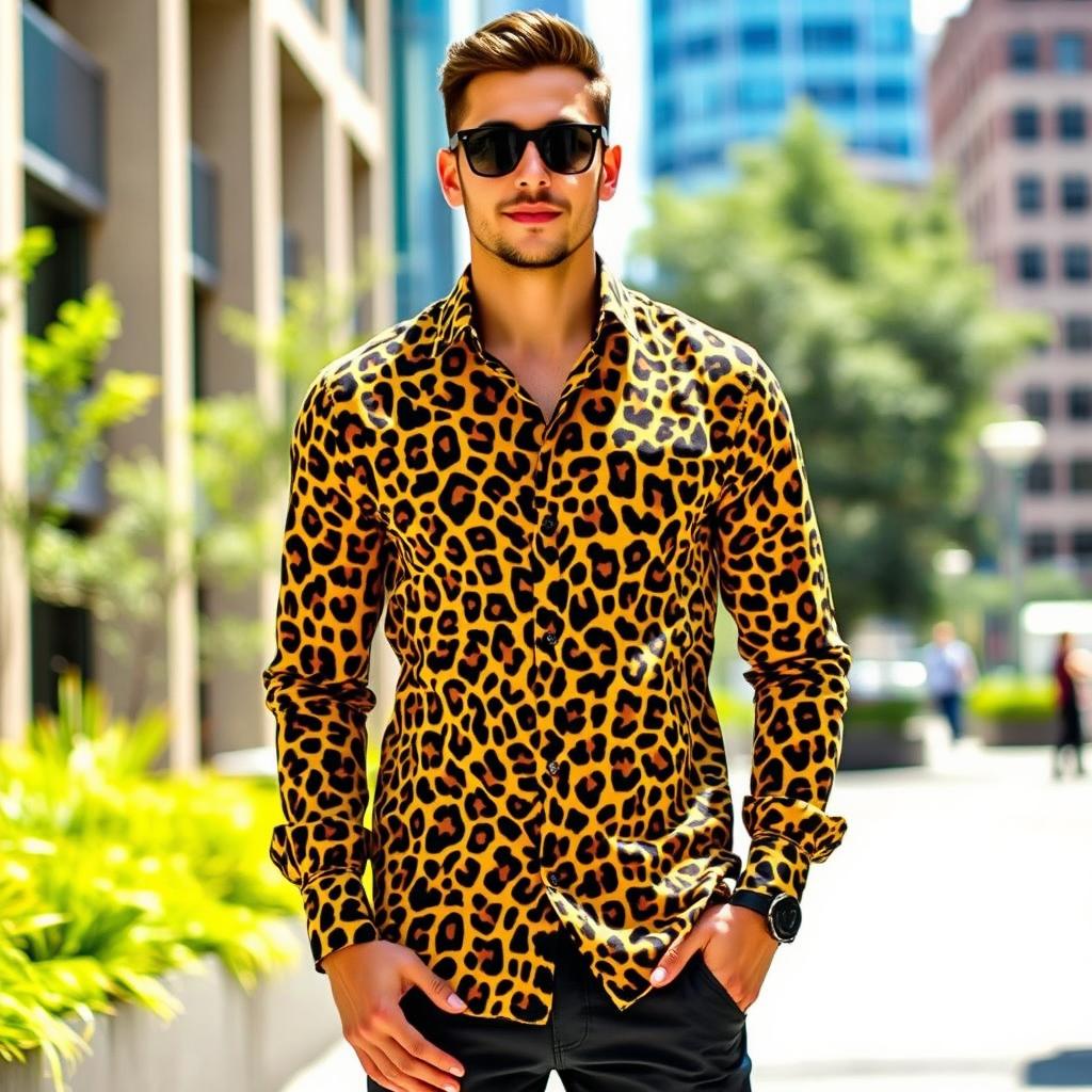 A person wearing a leopard print shirt, standing confidently in a stylish urban environment