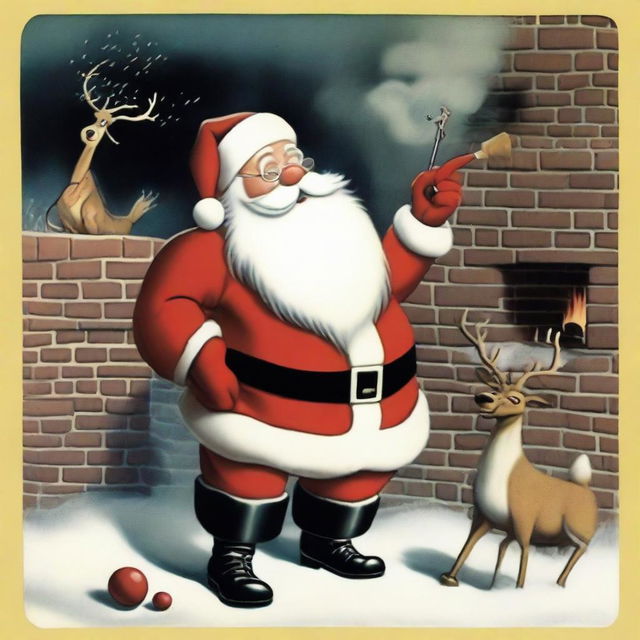 Humorous depiction of Santa Claus slightly intoxicated, emerging from a chimney, with his reindeer wearing sunglasses and brandishing Men in Black memory erasers. The remaining bipedal reindeer are smoking, waiting for Santa's house visit, as an exasperated parent yells about the loud noise.