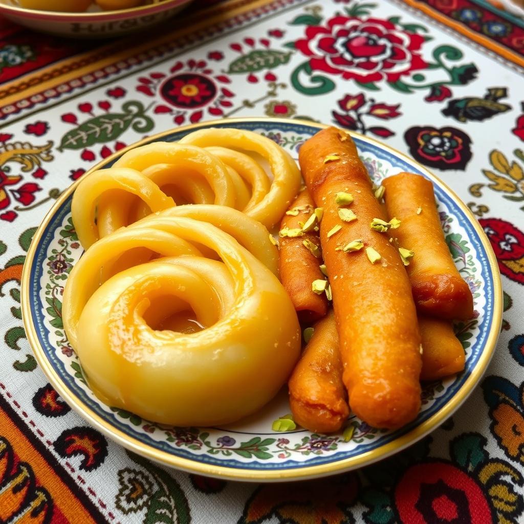 A traditional plate of Zolbia and Bamieh, featuring crisp golden strands of Zolbia, a sweet and syrupy Persian pastry shaped like a circular spiral, and Bamieh, a finger-shaped deep-fried doughnut soaked in syrup, garnished with crushed pistachios and served on a decorative plate