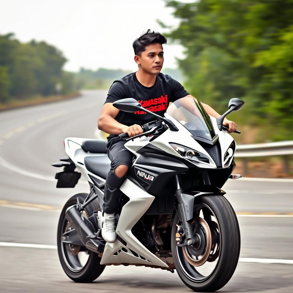 A young Asian man with fair skin riding a white Kawasaki Ninja sport motorcycle