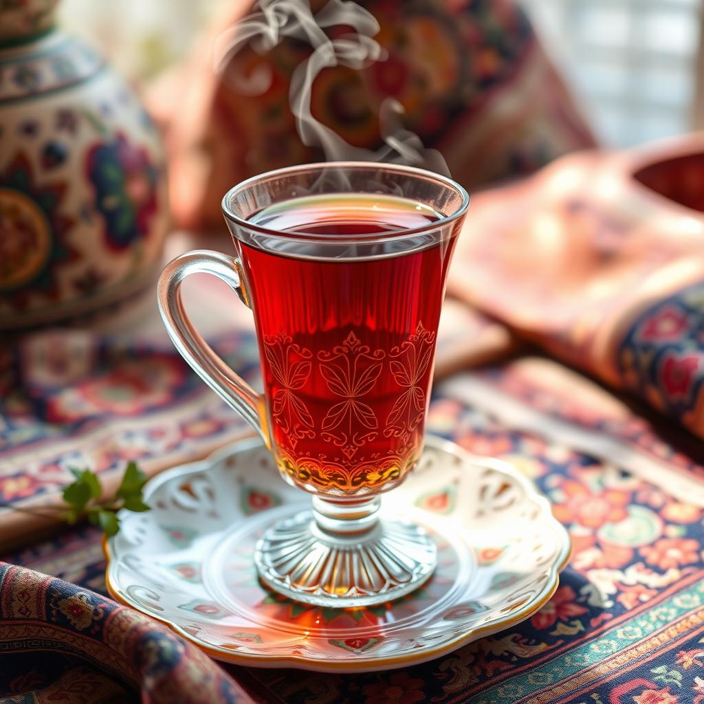 A beautifully arranged scene featuring a traditional Iranian tea glass (استکان کمر باریک) filled with vibrant, steaming tea, placed on an ornately patterned saucer