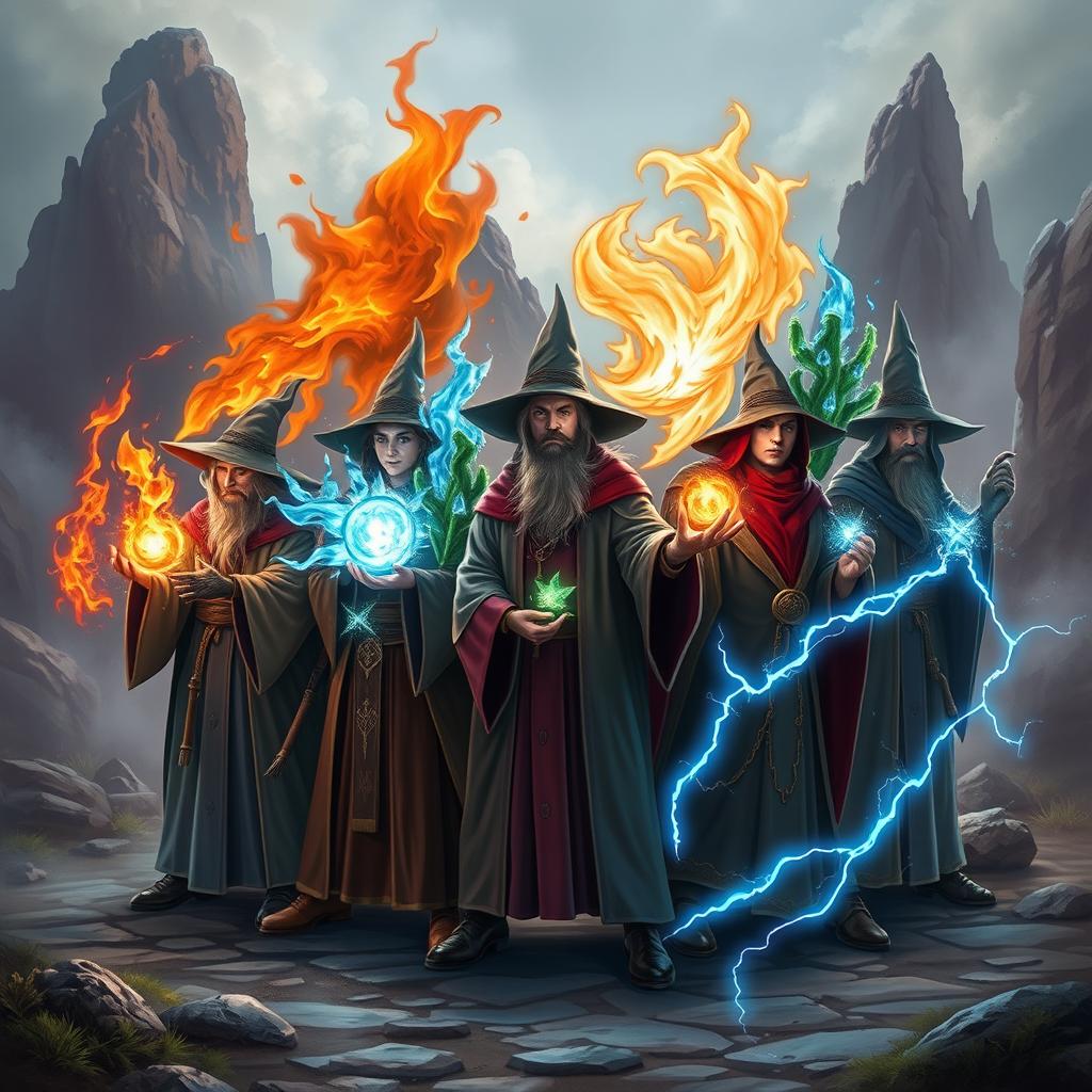 A dynamic scene featuring a team of nine 20-year-old wizards, each displaying their unique elemental powers