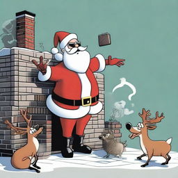 Humorous depiction of Santa Claus slightly intoxicated, emerging from a chimney, with his reindeer wearing sunglasses and brandishing Men in Black memory erasers. The remaining bipedal reindeer are smoking, waiting for Santa's house visit, as an exasperated parent yells about the loud noise.