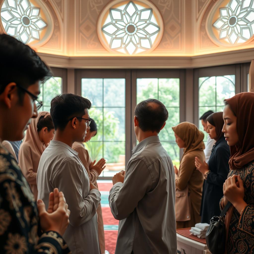 A serene and peaceful scene depicting a diverse group of faithful individuals engaged in prayer, displaying deep humility and focus, set in a beautiful mosque with stunning architectural details