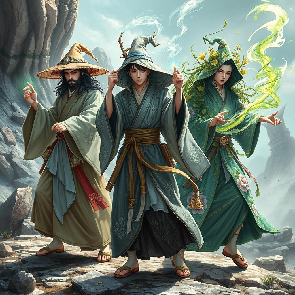 A dynamic scene featuring a team of three 20-year-old wizards dressed in intricate, traditional Japanese clothing
