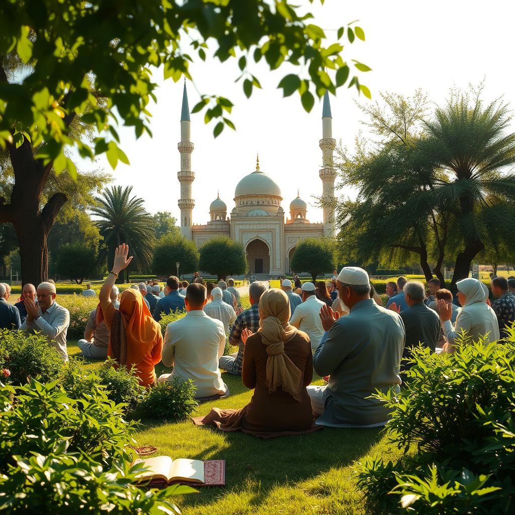 A serene landscape depicting a group of devoted believers engaged in prayer, each individual showing deep reverence and focus