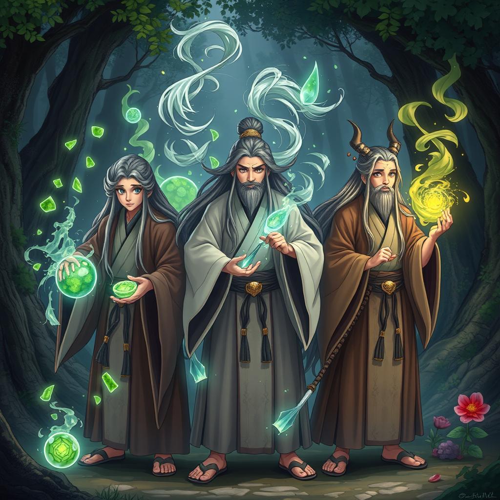 A team of three 20-year-old wizards, each wearing traditional old Japanese clothing, with long flowing hair and no beards