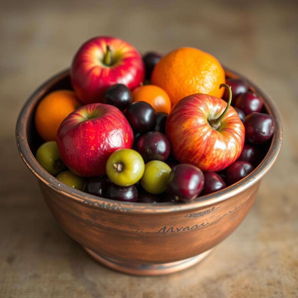 An old, vintage copper bowl filled with a colorful assortment of fruits including red apples, bright oranges, dark cherries, and green sour plums