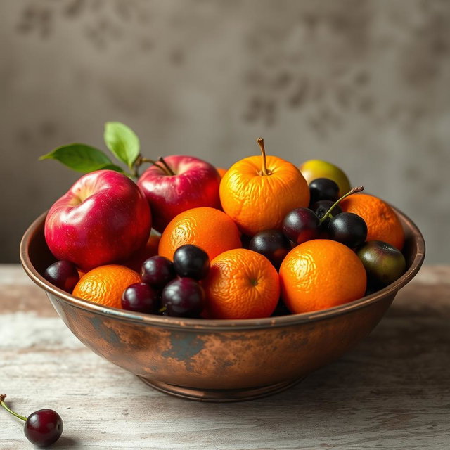 An old, vintage copper bowl filled with a colorful assortment of fruits including red apples, bright oranges, dark cherries, and green sour plums