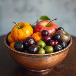 An old, vintage copper bowl filled with a colorful assortment of fruits including red apples, bright oranges, dark cherries, and green sour plums