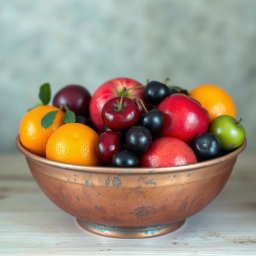An old, vintage copper bowl filled with a colorful assortment of fruits including red apples, bright oranges, dark cherries, and green sour plums