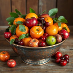 An antique, weathered copper bowl filled with a vibrant assortment of fruits, including red apples, juicy oranges, ripe cherries, and tart green plums