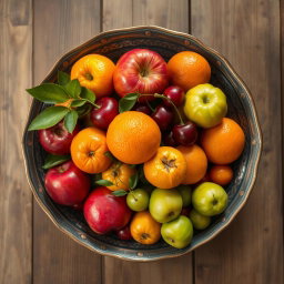 An antique, weathered copper bowl filled with a vibrant assortment of fruits, including red apples, juicy oranges, ripe cherries, and tart green plums