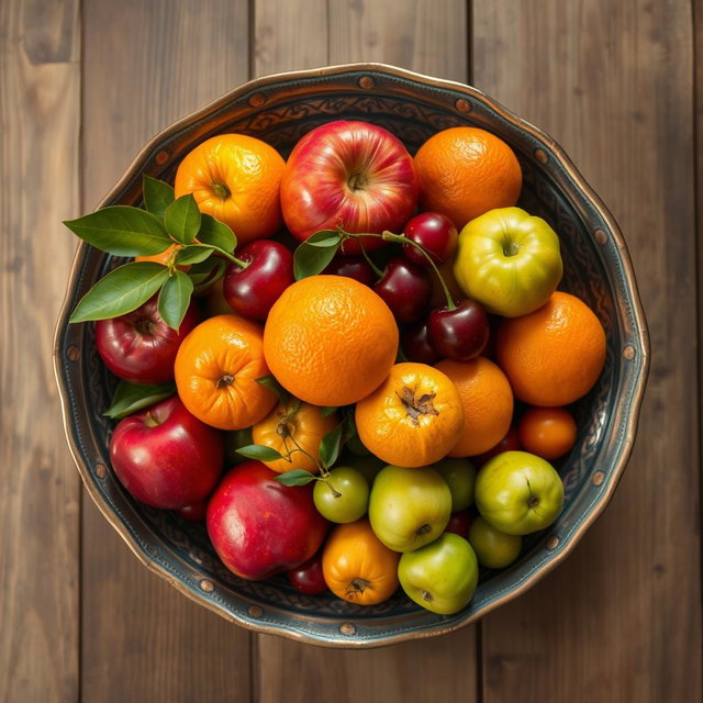 An antique, weathered copper bowl filled with a vibrant assortment of fruits, including red apples, juicy oranges, ripe cherries, and tart green plums