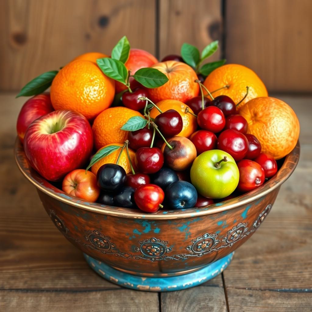 An antique, weathered copper bowl filled with a vibrant assortment of fruits, including red apples, juicy oranges, ripe cherries, and tart green plums