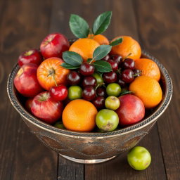 An antique, weathered copper bowl filled with a vibrant assortment of fruits, including red apples, juicy oranges, ripe cherries, and tart green plums