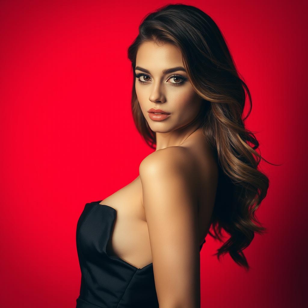 A vibrant scene featuring a bold red background, with a stylish young woman in an elegant black dress elegantly posed in the foreground, her hair cascading in soft waves
