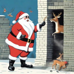 Humorous depiction of Santa Claus slightly intoxicated, emerging from a chimney, with his reindeer wearing sunglasses and brandishing Men in Black memory erasers. The remaining bipedal reindeer are smoking, waiting for Santa's house visit, as an exasperated parent yells about the loud noise.