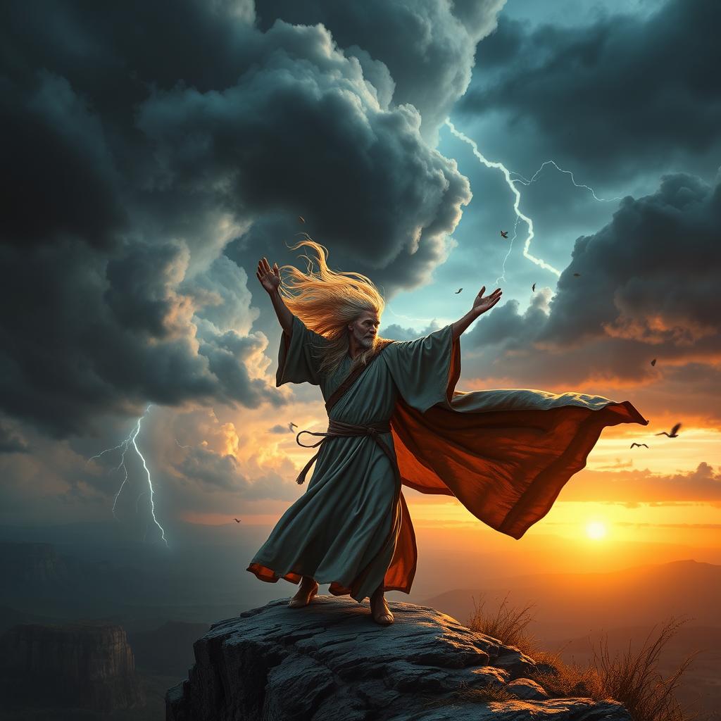 A powerful wind wizard standing on a cliff, wearing a flowing robe that ripples in the strong breeze