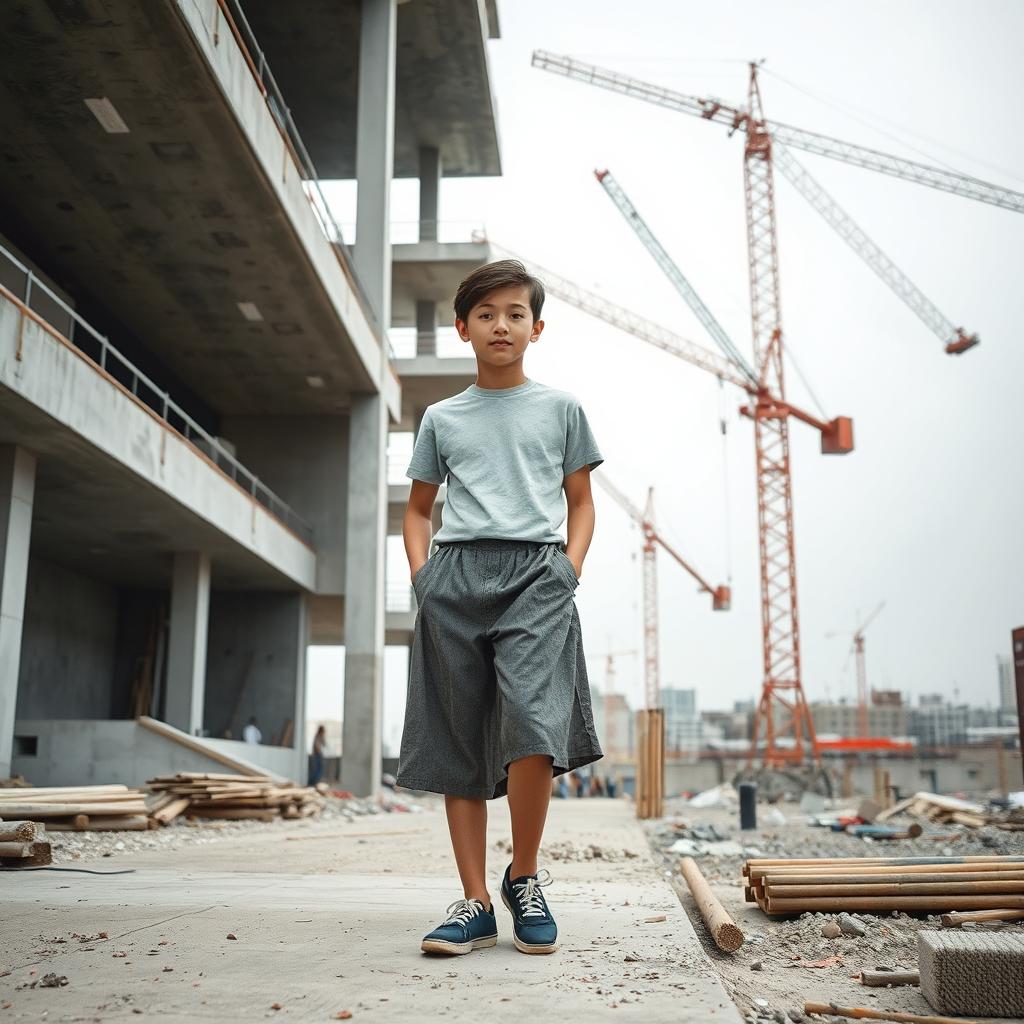 A teenager of about 16 years old, confidently wearing a stylish skirt, standing amidst a construction site that reflects the architectural style of Le Corbusier
