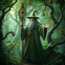 A powerful wizard with the ability to control and manipulate plants, standing in a mystical forest filled with vibrant greenery