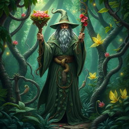 A powerful wizard with the ability to control and manipulate plants, standing in a mystical forest filled with vibrant greenery