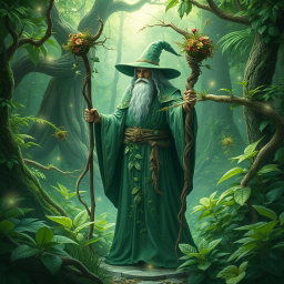 A powerful wizard with the ability to control and manipulate plants, standing in a mystical forest filled with vibrant greenery