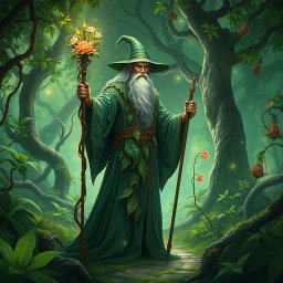 A powerful wizard with the ability to control and manipulate plants, standing in a mystical forest filled with vibrant greenery
