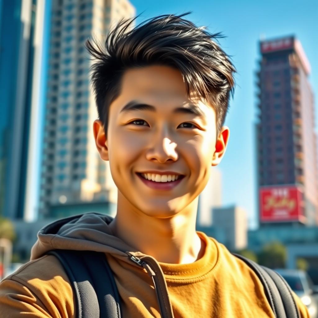A handsome young Korean man with sharp features, styled black hair, and a confident smile, wearing a casual outfit that complements his modern look