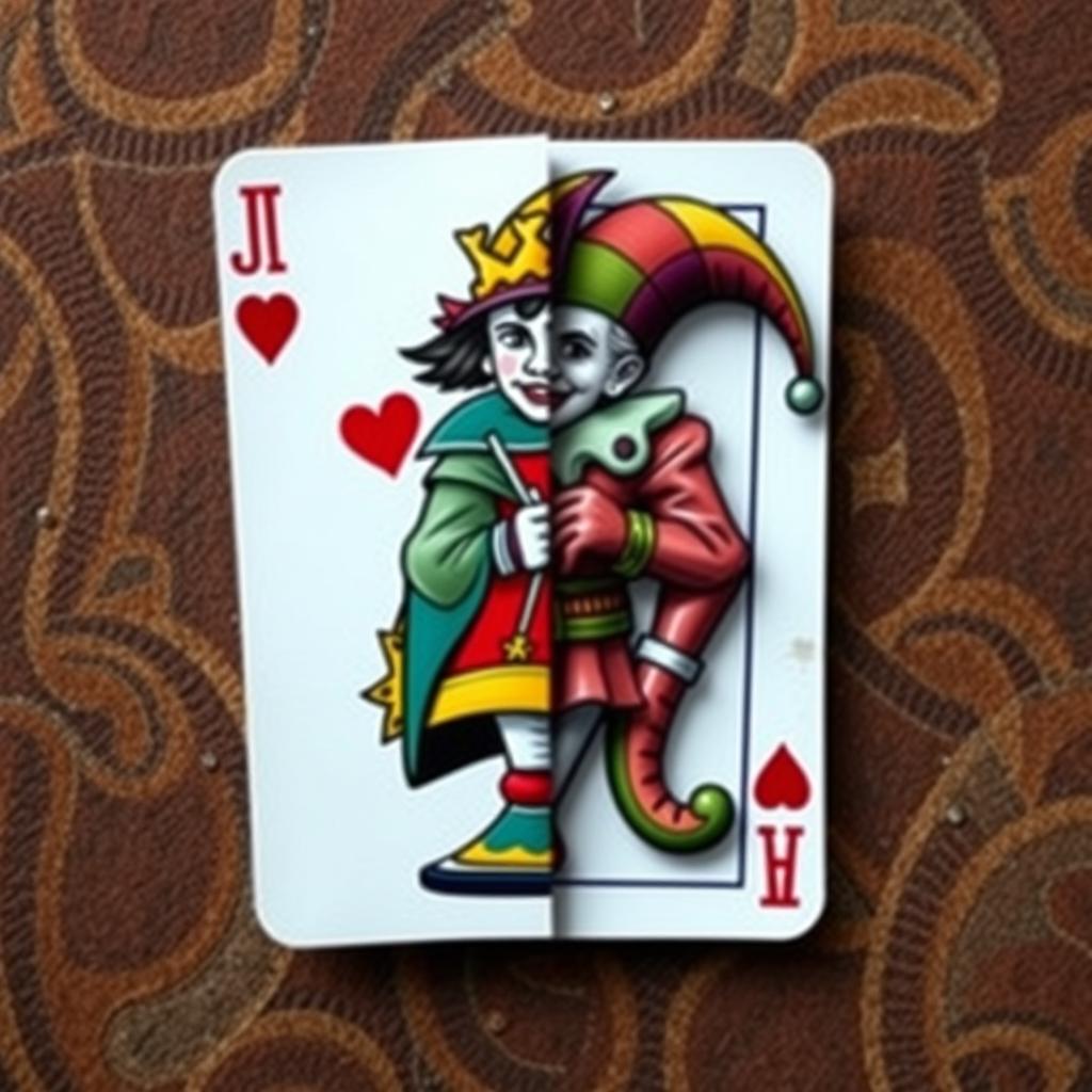A unique playing card design that artistically combines half of a Jack of Hearts with half of a Joker card