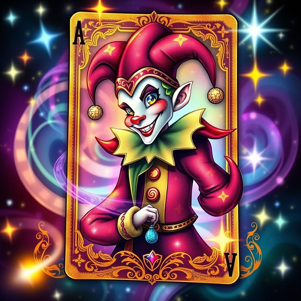A beautifully illustrated magical playing card featuring a whimsical joker character