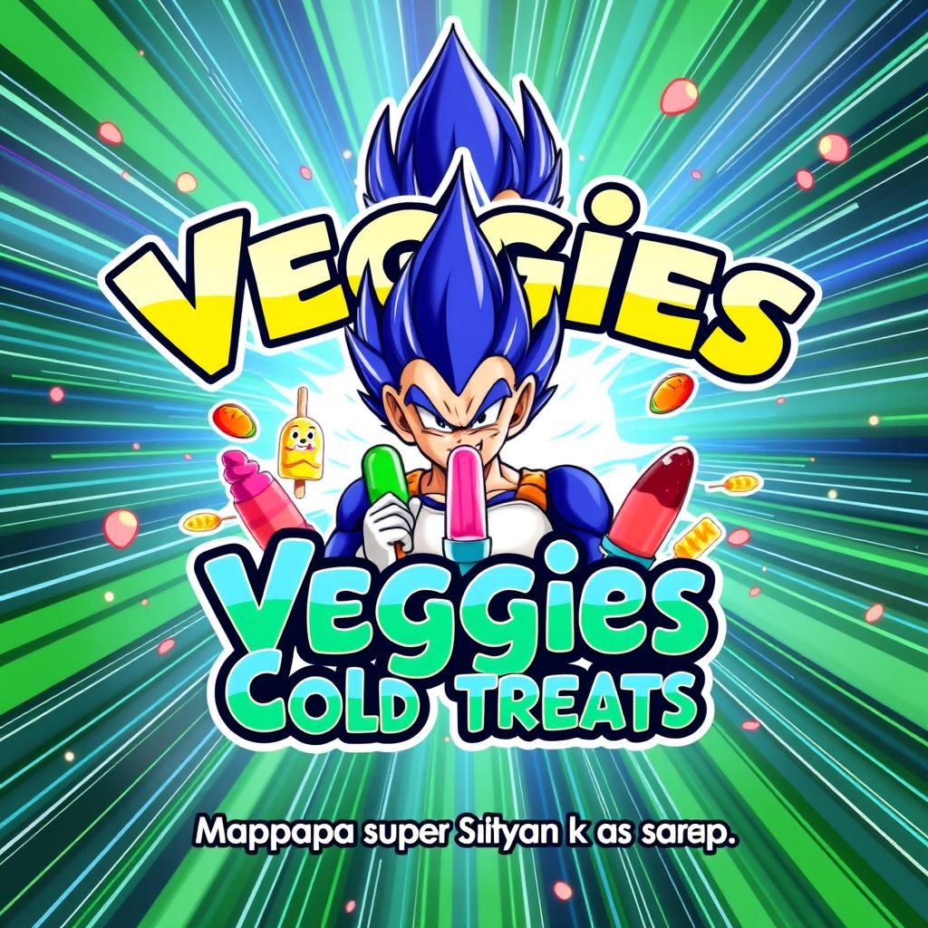 A vibrant business poster themed around Vegeta from Dragon Ball Z, showcasing the brand name 'Veggies Cold Treats' in bold, eye-catching typography