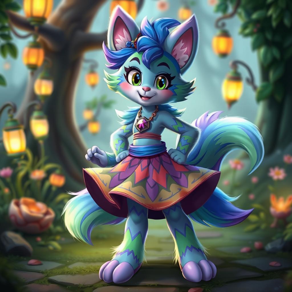 A vibrant furry character wearing a stylish skirt, featuring colorful fur patterns that blend shades of blue and green, with expressive eyes and a playful stance