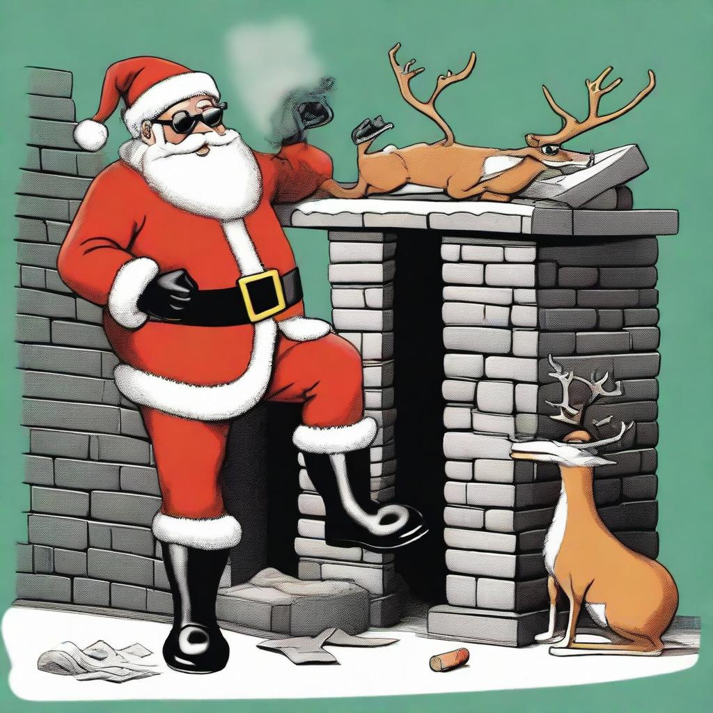 Humorous depiction of Santa Claus slightly intoxicated, emerging from a chimney, with his reindeer wearing sunglasses and brandishing Men in Black memory erasers. The remaining bipedal reindeer are smoking, waiting for Santa's house visit, as an exasperated parent yells about the loud noise.