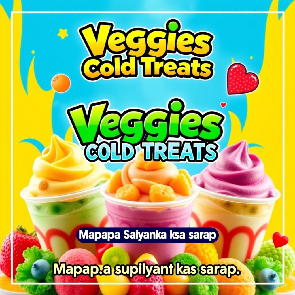 A vibrant and eye-catching business poster for 'Veggies Cold Treats', featuring a dynamic Vegeta theme