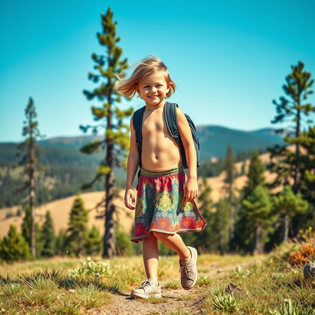 A confident young boy wearing a colorful skirt walking through a vibrant North American landscape
