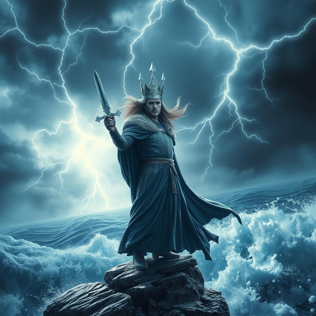 A majestic king standing bravely on a rugged cliff during a fierce storm, wind tousling his long hair and cape