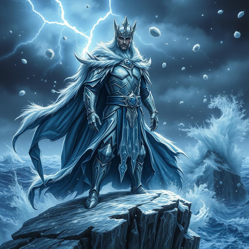 A majestic king with ice powers, standing confidently on a rugged cliff during a fierce storm