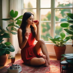 A tall brunette woman seated on her living room floor, painting her fingernails red, surrounded by lush plants, and sipping sangria. The room is bathed in the warm glow of a beautiful sunset visible through the window.