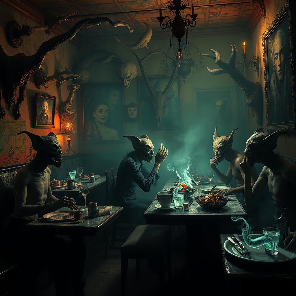 A bizarre and eerie restaurant scene filled with unsettling details