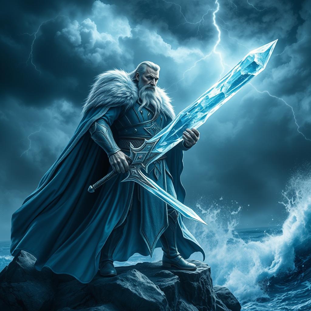 A majestic king standing on a rocky cliff during a fierce storm, embodying powerful ice magic