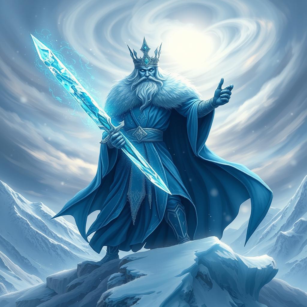 A majestic king with flowing icy blue robes and a crown adorned with shimmering frost, wielding a sword made entirely of glistening ice