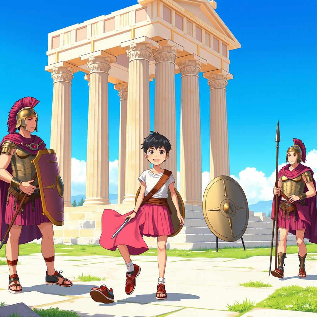 A vibrant anime-style scene depicting a 15-year-old boy wearing a pink skirt walking next to the grand Temple of Artemis in Greece