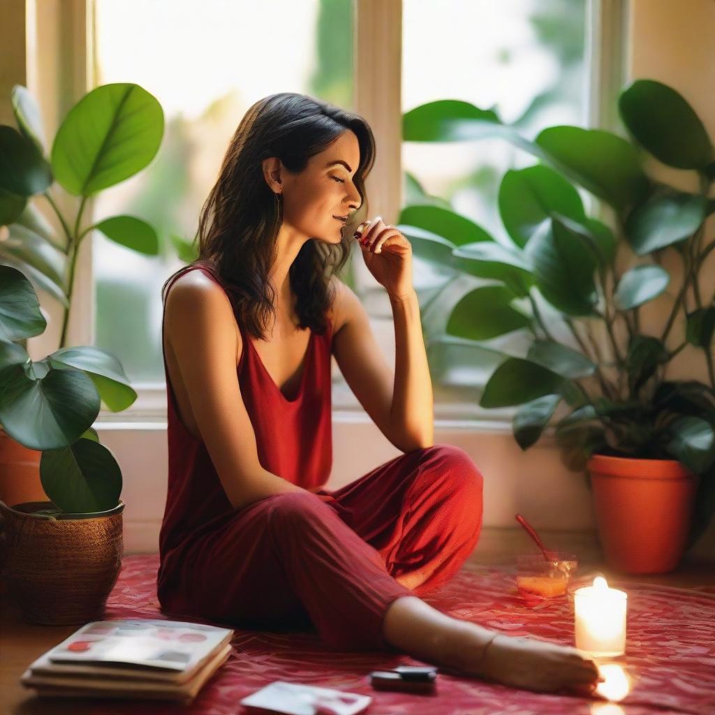 A tall brunette woman seated on her living room floor, painting her fingernails red, surrounded by lush plants, and sipping sangria. The room is bathed in the warm glow of a beautiful sunset visible through the window.