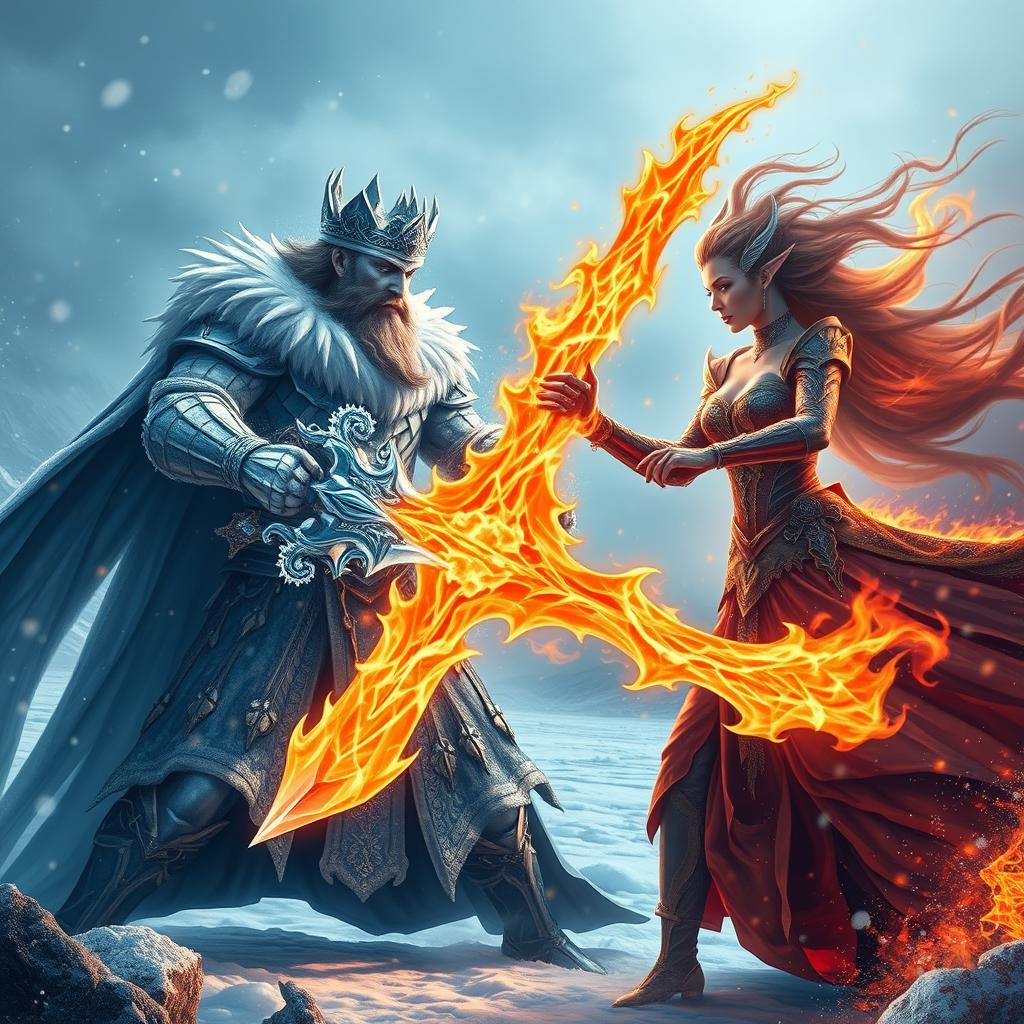 A dramatic battle scene featuring a powerful king with ice powers wielding a magnificent sword made of ice, adorned with intricate frost patterns